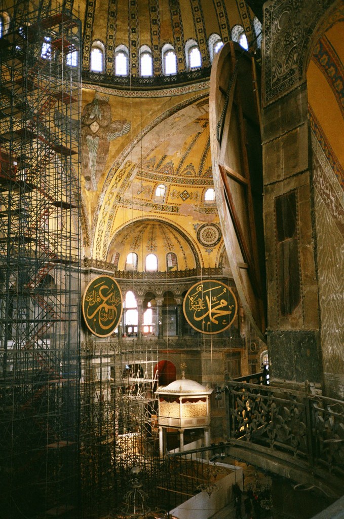 The impressive Hagia Sophia museum was originally built as a Byzantine church before it was transformed into an imperial mosque by the Ottomans. The building is currently undergoing restoration, a big part of which is to recover the original mosaic artwork.