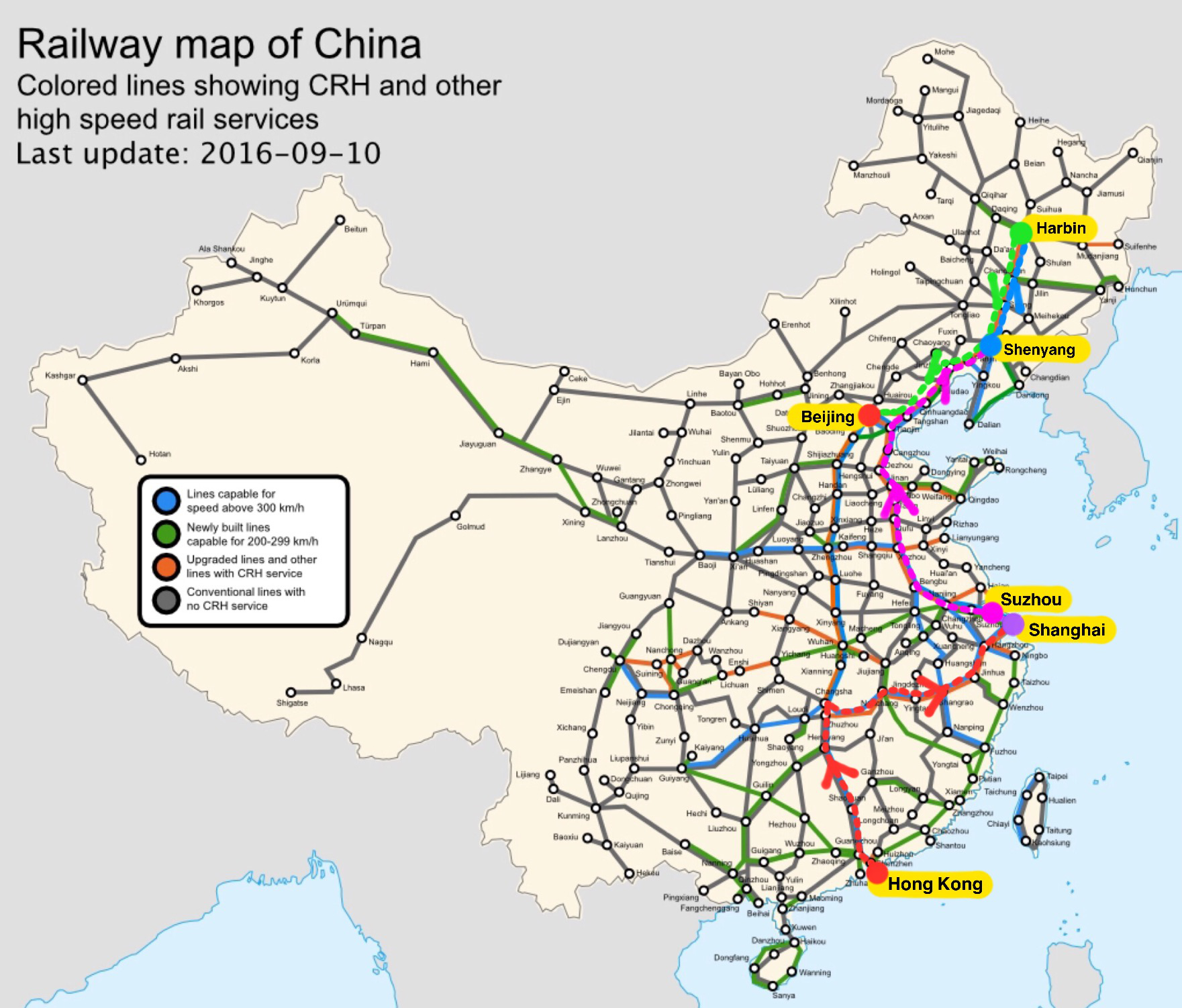 Rail map of China 2016 - marking